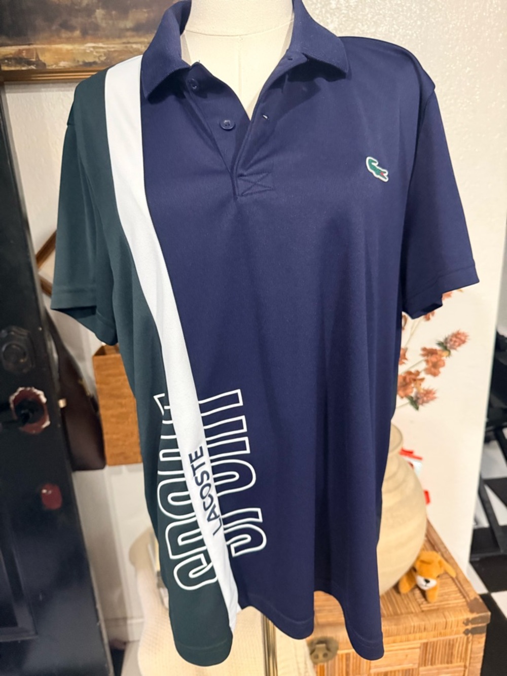 Lacoste Navy Polo with Green & White Vertical Stripe